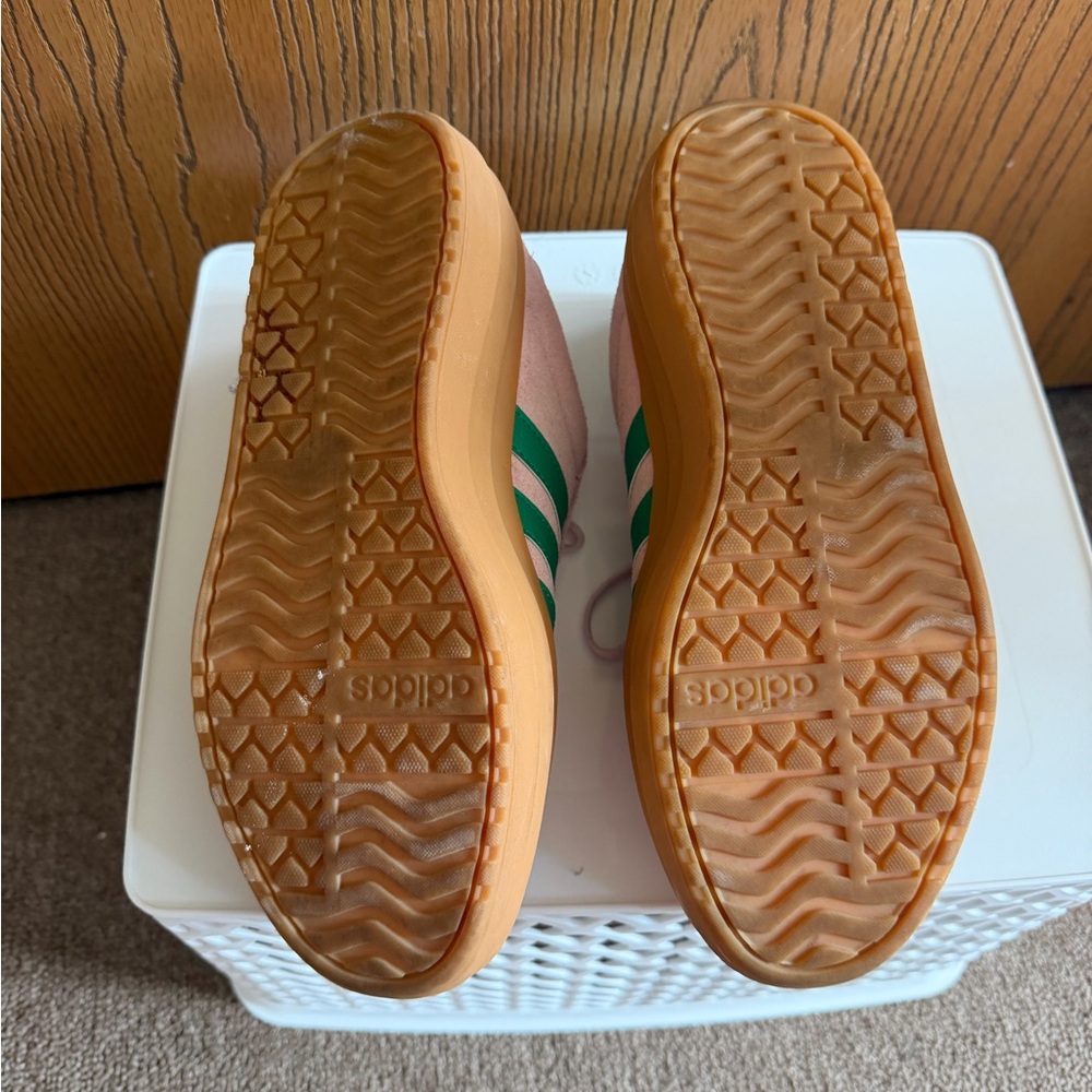 adidas Pink Suede Platform Sneakers with Green Stripes and Gum Sole - Picture 7 of 9